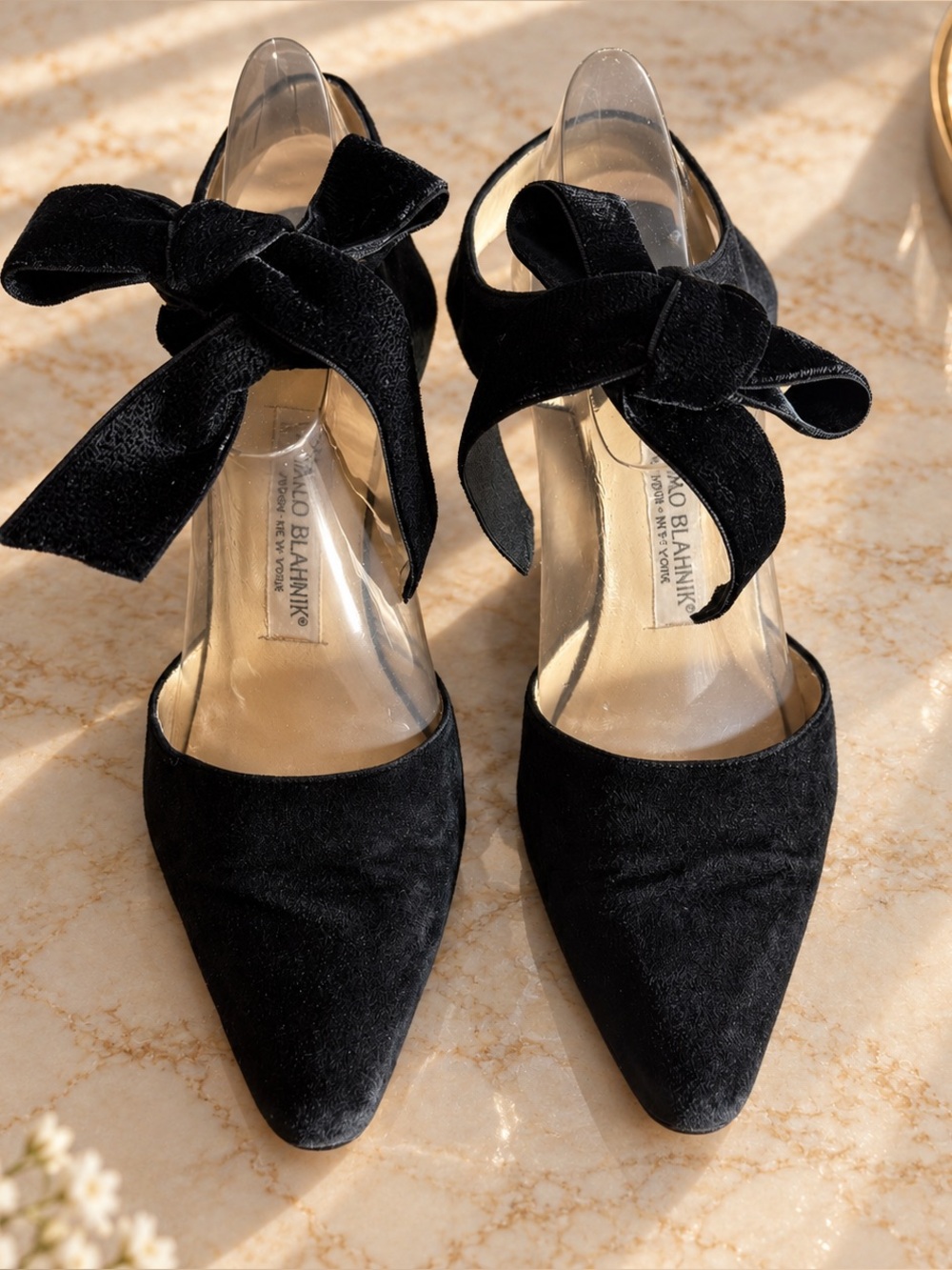 Vintage Manolo Blahnik Black Suede Bow Ankle Tie Heels 36.5 Made Italy